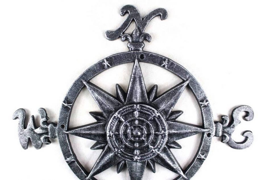 Antique Silver Cast Iron Large Decorative Rose Compass 19""