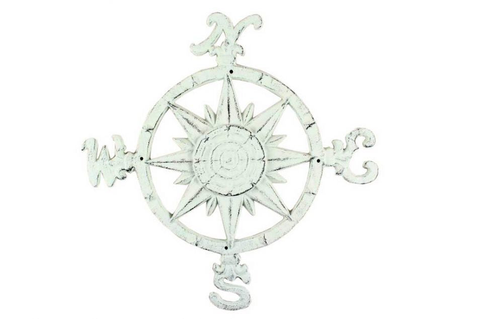 Rustic Whitewashed Cast Iron Large Decorative Rose Compass 19""