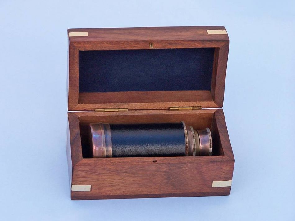 Deluxe Class Scout Antique Copper Spyglass Telescope 7"" with Rosewood Box