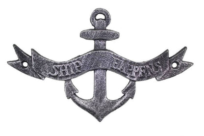 Antique Silver Cast Iron Ship Happens Anchor Sign 8""