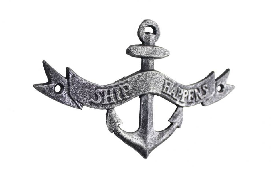 Antique Silver Cast Iron Ship Happens Anchor Sign 8""