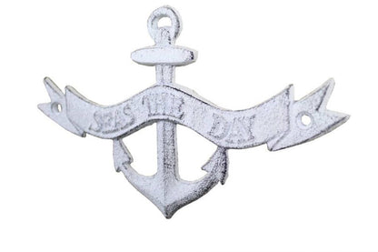 Whitewashed Cast Iron Seas the Day Anchor Sign 8""