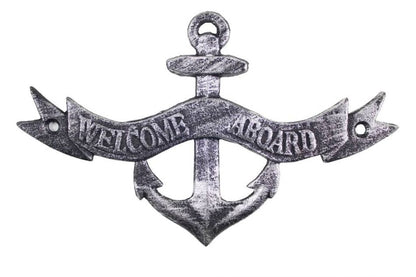Antique Silver Cast Iron Welcome Aboard Sign 8""