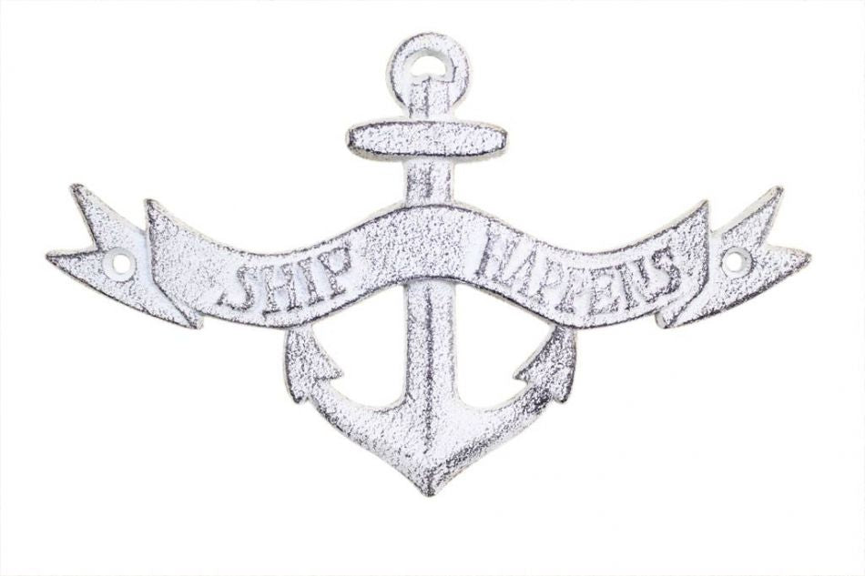 Whitewashed Cast Iron Ship Happens Anchor Sign 8""