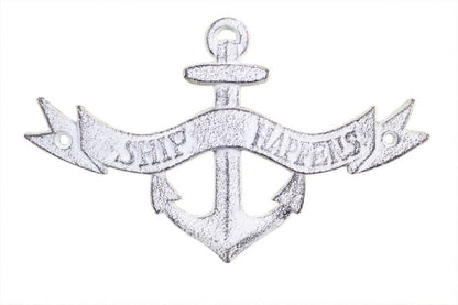 Whitewashed Cast Iron Ship Happens Anchor Sign 8""