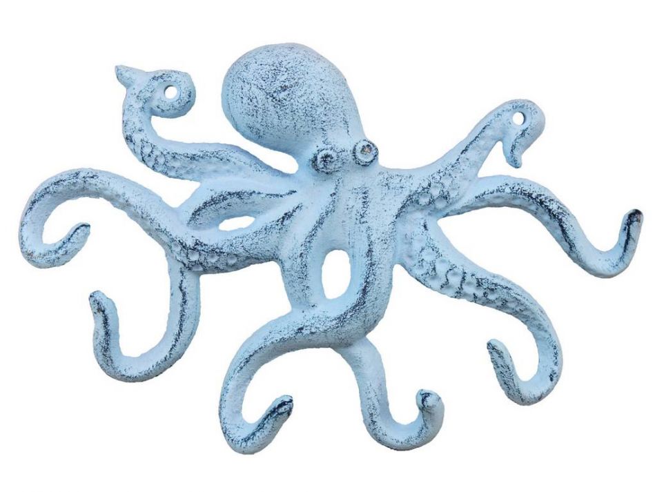 Rustic Dark Blue Whitewashed Cast Iron Octopus Hook 11""