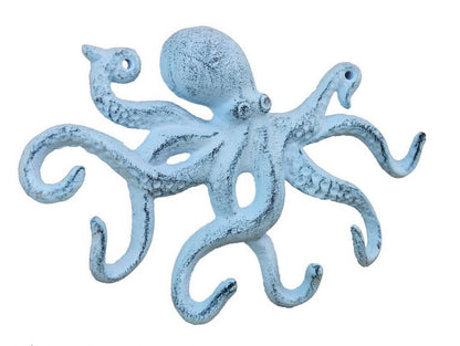Rustic Dark Blue Whitewashed Cast Iron Octopus Hook 11""