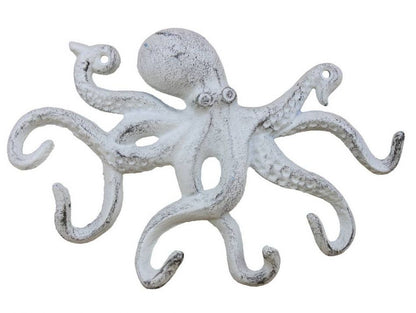 Rustic Whitewashed Cast Iron Octopus Hook 11"