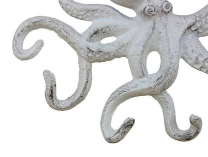 Rustic Whitewashed Cast Iron Octopus Hook 11"
