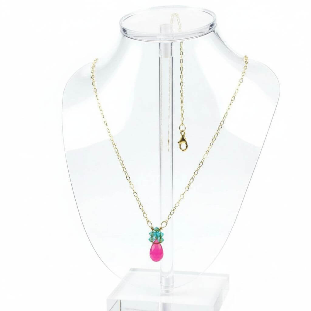 Gold Filled Pink and Aqua Gemstone Crystal Chain Necklace