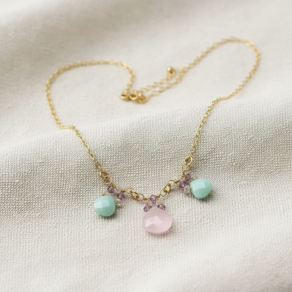 Gold Filled Light Pink and Mint Chalcedony Chain Necklace