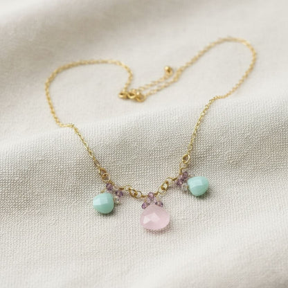 Gold Filled Light Pink and Mint Chalcedony Chain Necklace