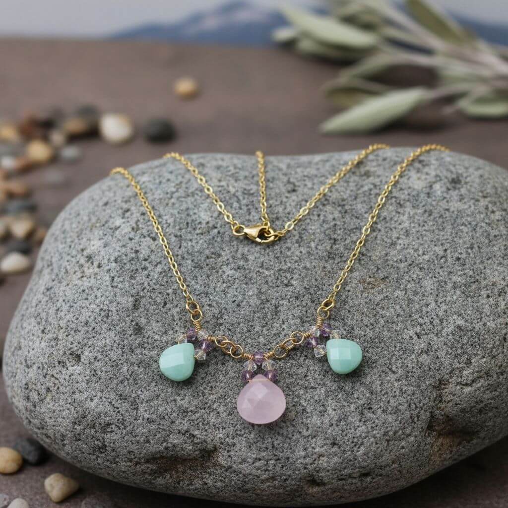Gold Filled Light Pink and Mint Chalcedony Chain Necklace