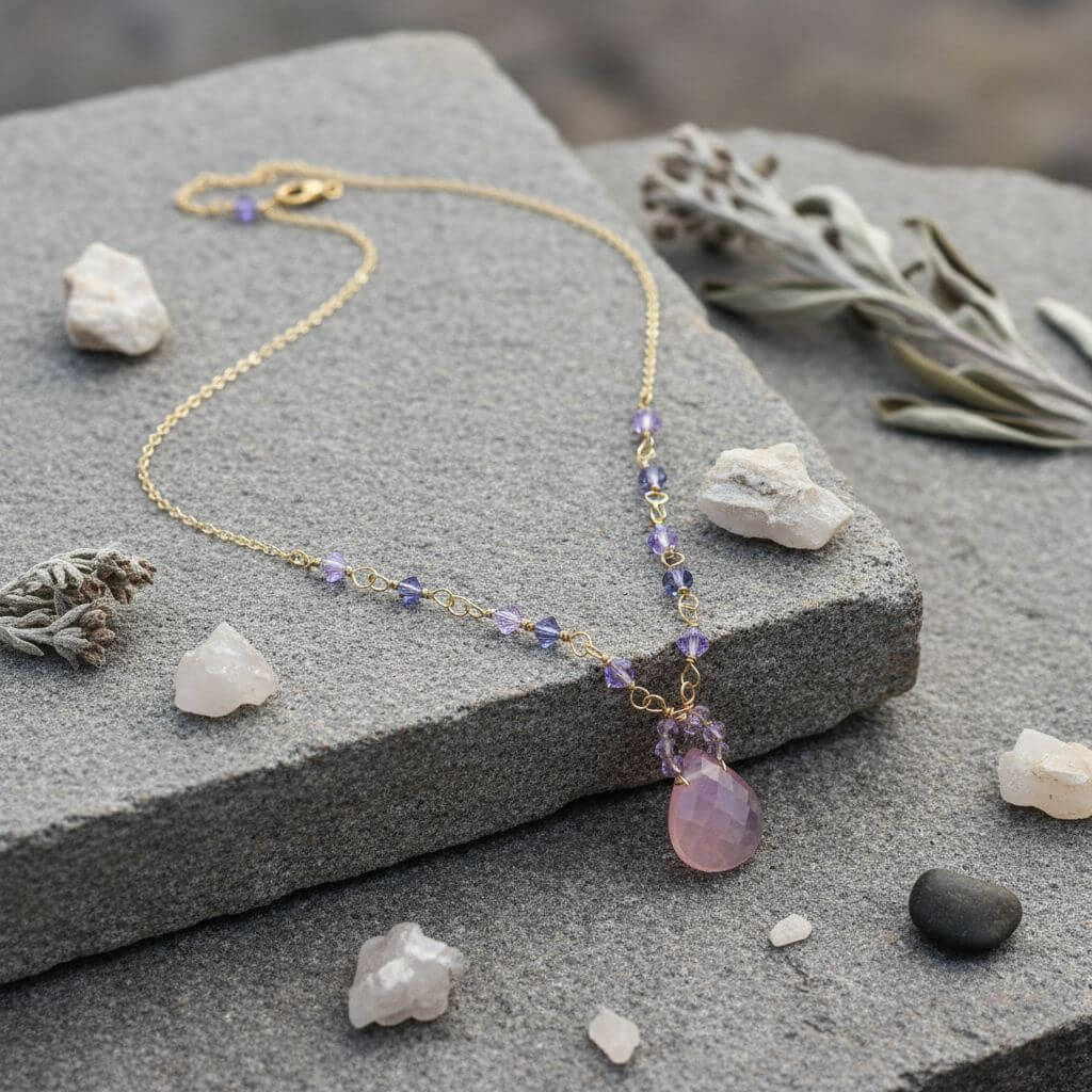 Lavender Chalcedony and Crystal Gold Filled Necklace