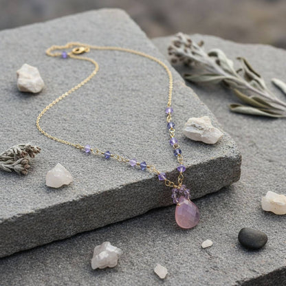 Lavender Chalcedony and Crystal Gold Filled Necklace