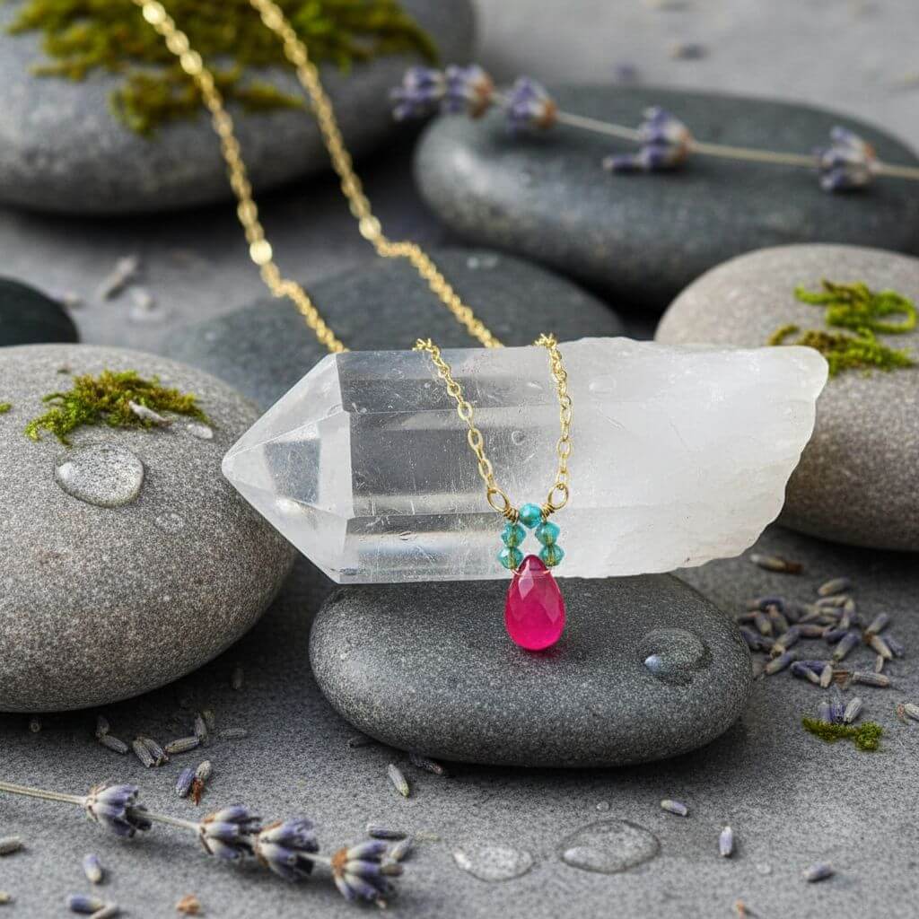 Gold Filled Pink and Aqua Gemstone Crystal Chain Necklace