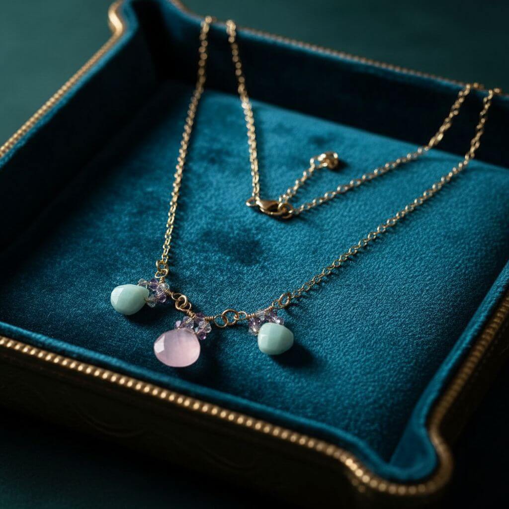 Gold Filled Light Pink and Mint Chalcedony Chain Necklace