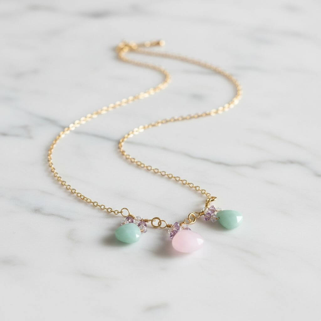 Gold Filled Light Pink and Mint Chalcedony Chain Necklace