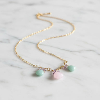 Gold Filled Light Pink and Mint Chalcedony Chain Necklace