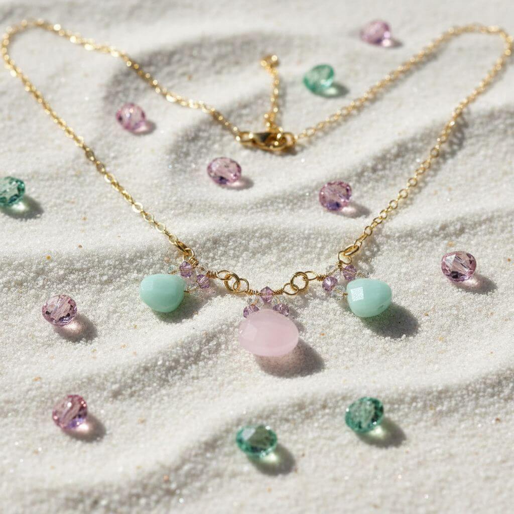 Gold Filled Light Pink and Mint Chalcedony Chain Necklace