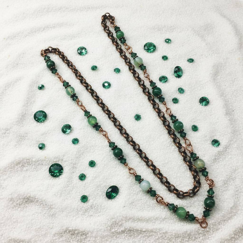 24 Inches Emerald Agate Wire Wrapped Necklace or Triple Wrap Bracelet