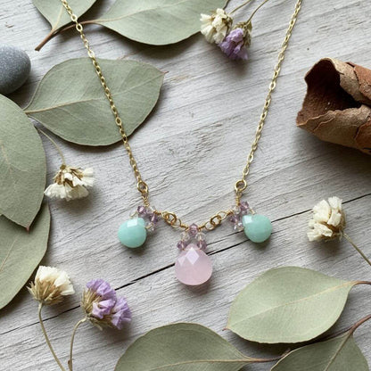 Gold Filled Light Pink and Mint Chalcedony Chain Necklace