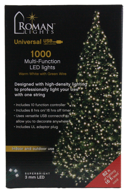USB powered 1000 Superbright LED (82 foot) Green Wire Multifunction Lights with Timer - Warm White