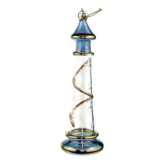 Glass Lighthouse Ornament With Gold Accent - Blue