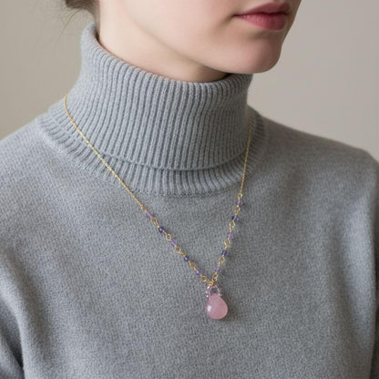 Lavender Chalcedony and Crystal Gold Filled Necklace