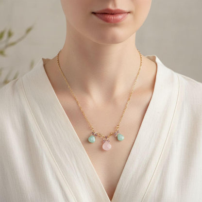 Gold Filled Light Pink and Mint Chalcedony Chain Necklace