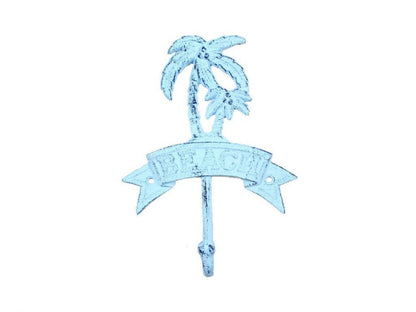 Rustic Dark Blue Whitewashed Cast Iron Palm Tree Beach Hook 8""