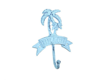 Rustic Dark Blue Whitewashed Cast Iron Palm Tree Beach Hook 8""