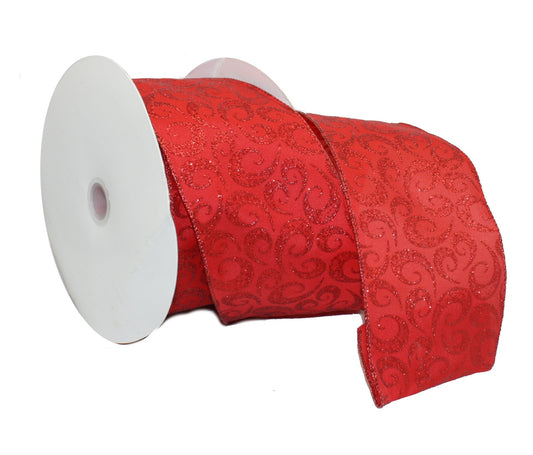 4 inch Red with Red Swirl Ribbon - Per Yard