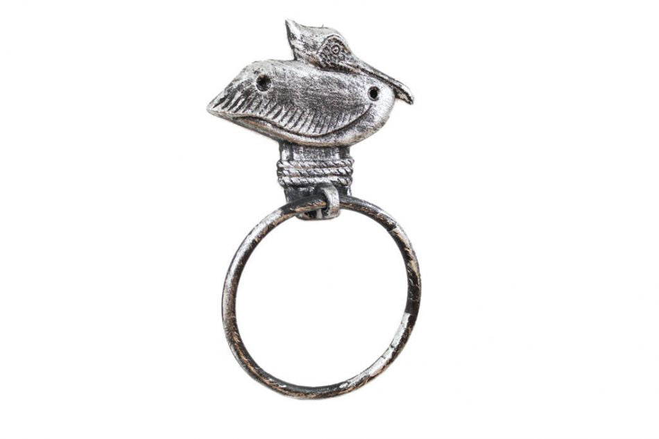 Rustic Silver Cast Iron Pelican on Post Towel Holder 8""