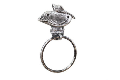 Rustic Silver Cast Iron Pelican on Post Towel Holder 8""