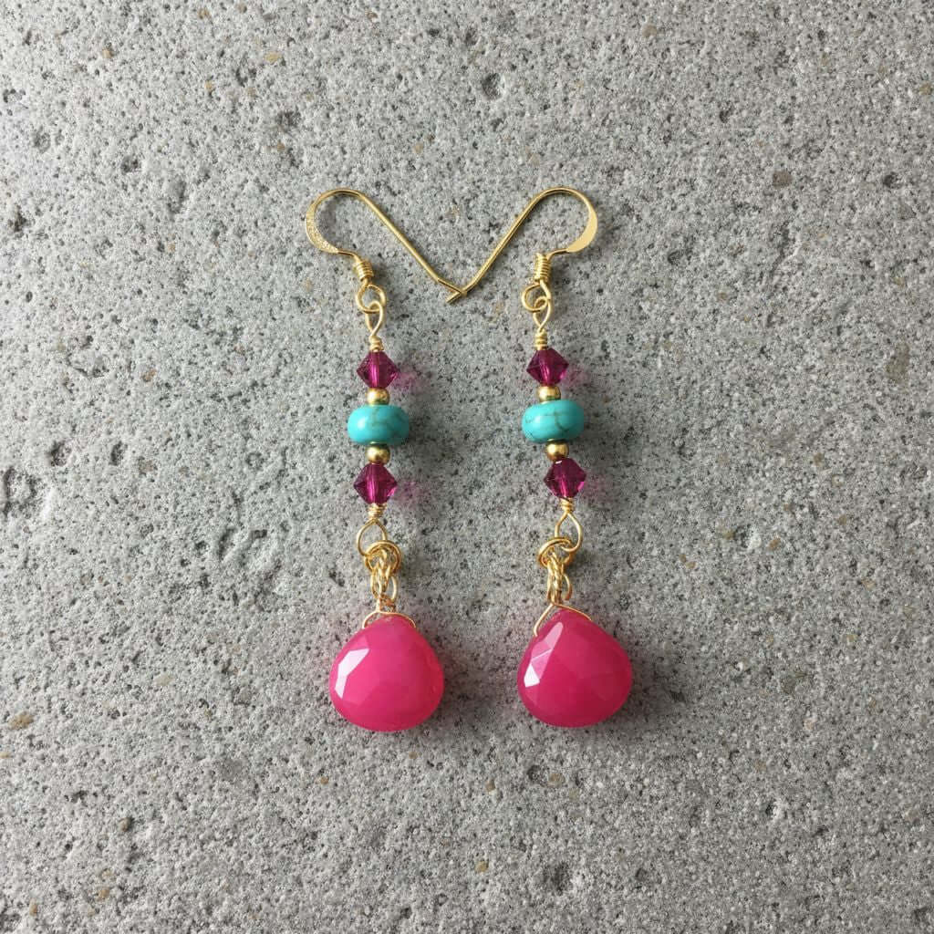Gold Filled Wire Wrapped Pink Turquoise Gemstone Earrings