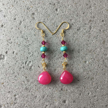 Gold Filled Wire Wrapped Pink Turquoise Gemstone Earrings