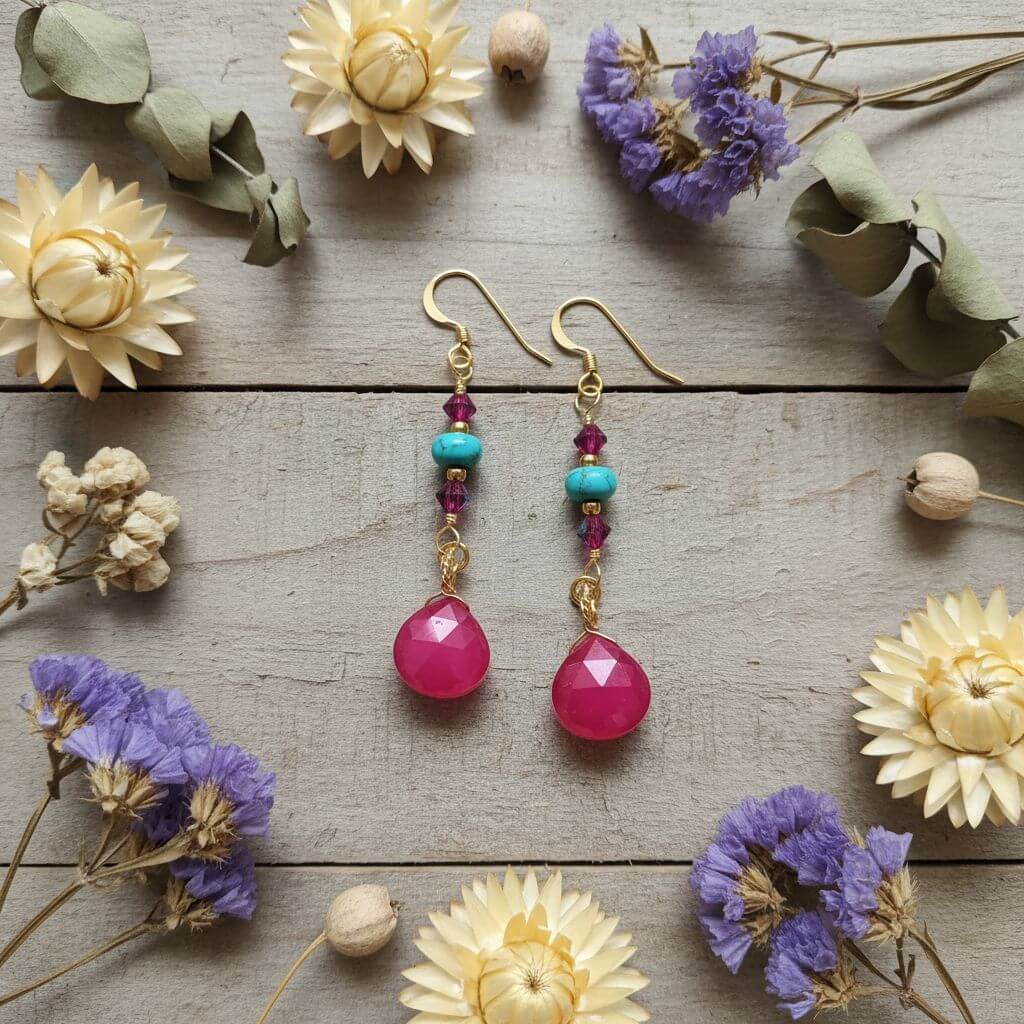 Gold Filled Wire Wrapped Pink Turquoise Gemstone Earrings