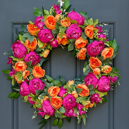 Bright Pink & Orange Peony Wreath