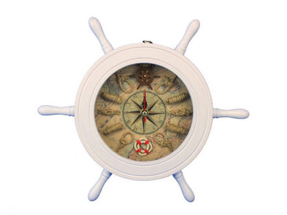 Wooden White Ship Wheel Knot Faced Clock 12""