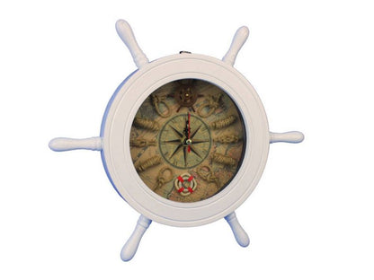 Wooden White Ship Wheel Knot Faced Clock 12""