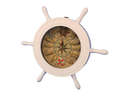 Wooden White Ship Wheel Knot Faced Clock 12""