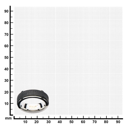 Mens Center Solid Carbon Fiber Ridged Stainless Steel Ring