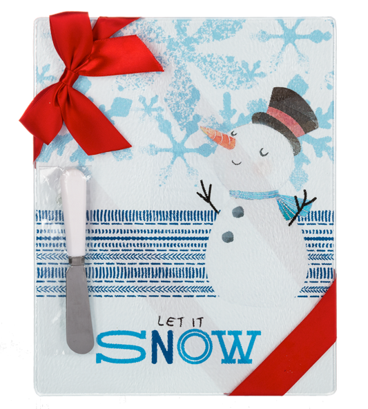 Snowman Glass Cutting Board with Spreader
