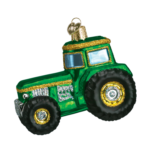 Green Tractor Glass Ornament