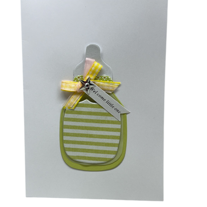 Handmade Embellished Welcome Baby Card - Green Baby Bottle