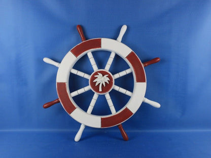 Red and White Decorative Ship Wheel with Palm Tree 18""