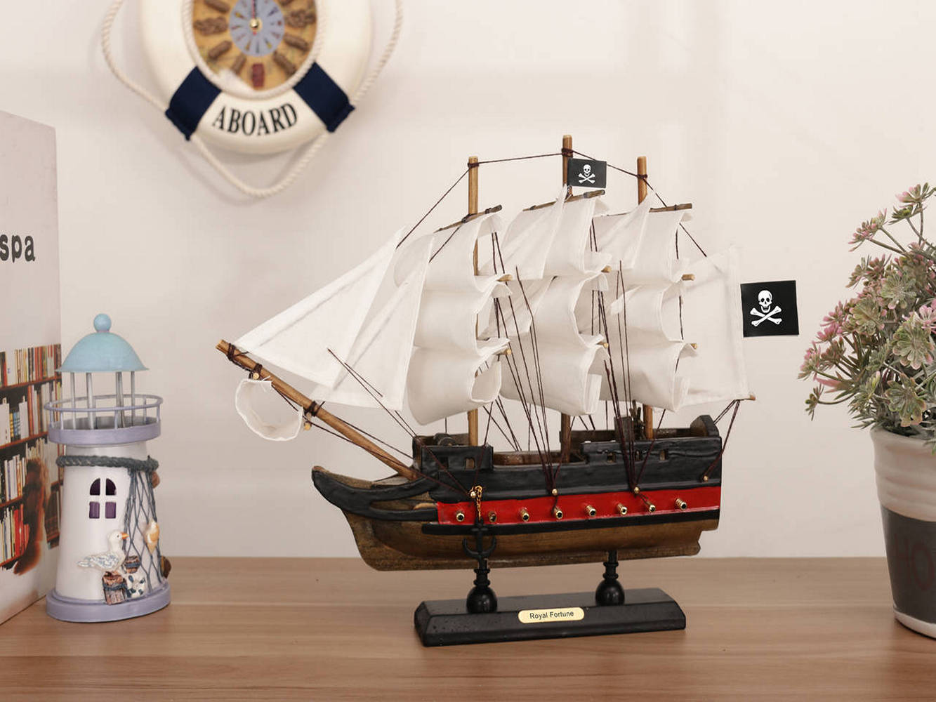 Wooden Black Bart's Royal Fortune White Sails Limited Model Pirate Ship 12""