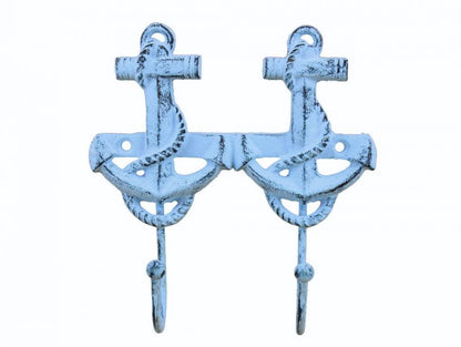 Rustic Dark Blue Whitewashed Cast Iron Decorative Anchor Hooks 7""