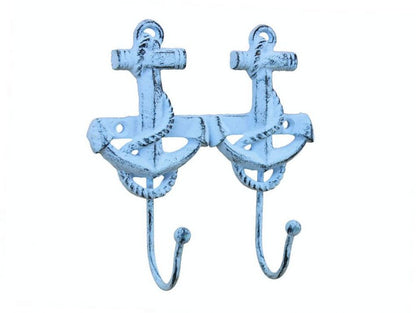 Rustic Dark Blue Whitewashed Cast Iron Decorative Anchor Hooks 7""